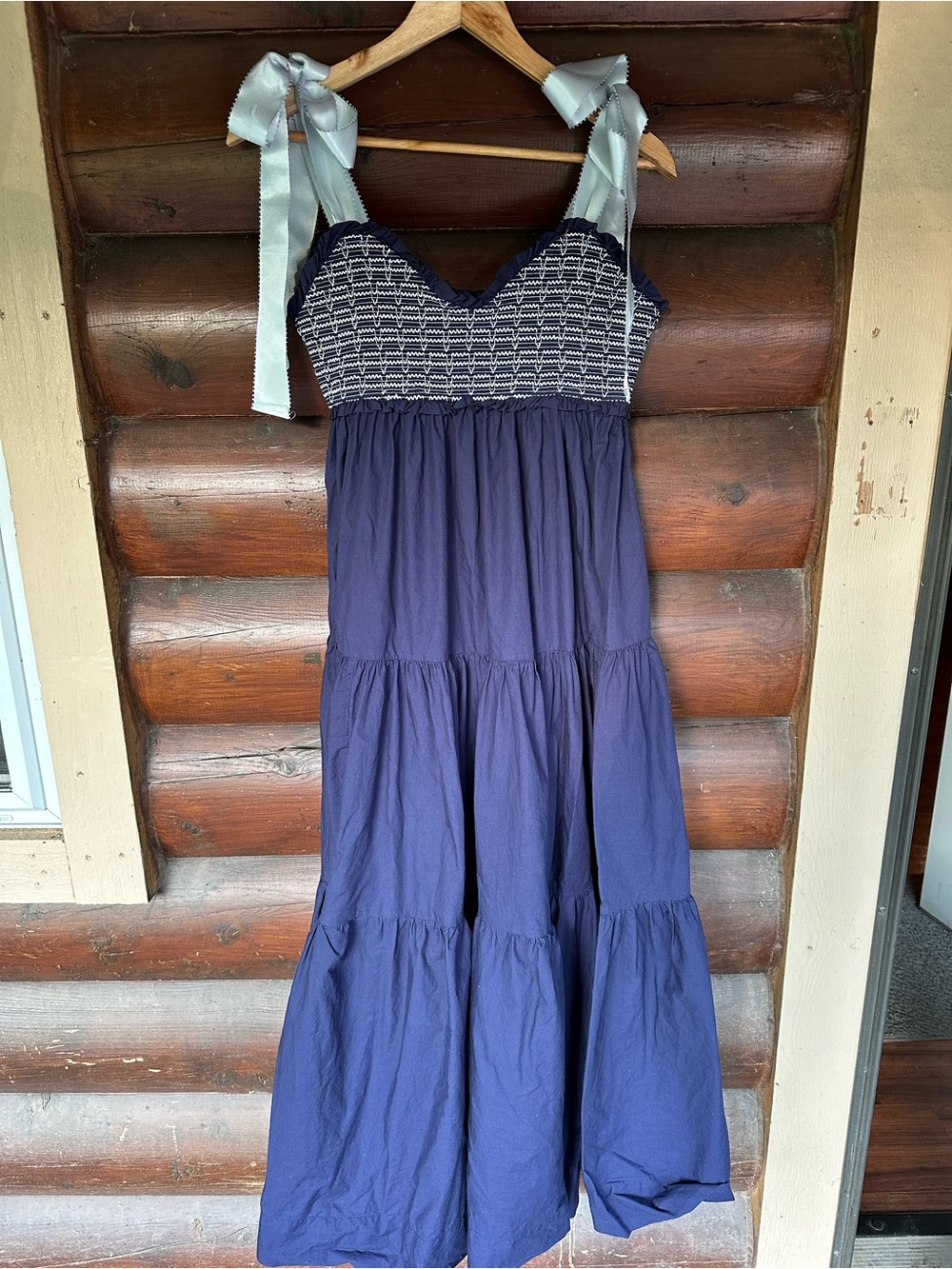 Free People Navy Bluebell Tiered Midi Dress with Light Blue Ribbon Straps